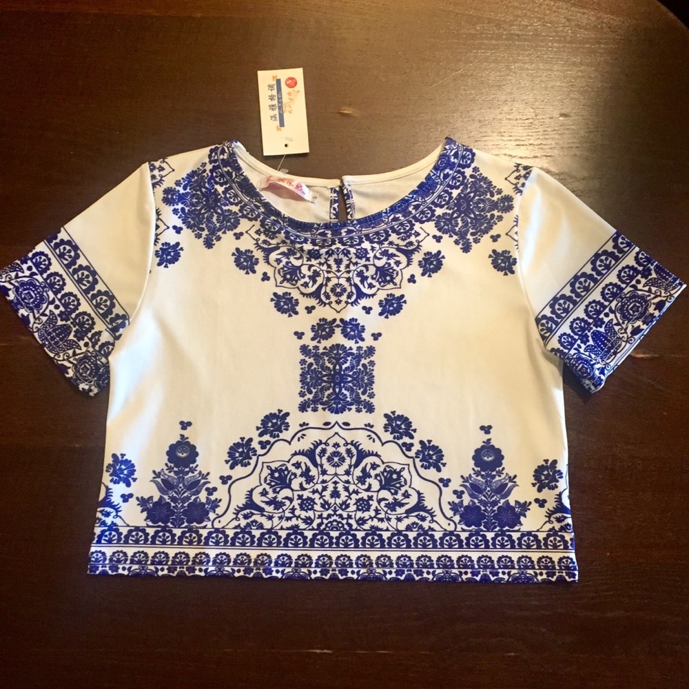 Floral Crop Top in White & Yves Klein Blue